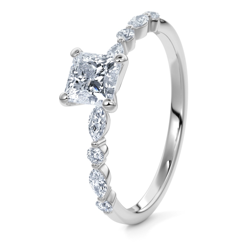 Engagement Ring 950/- Platinum - 0.54ct Diamonds - Model N°3018 Princess, Side-Stone