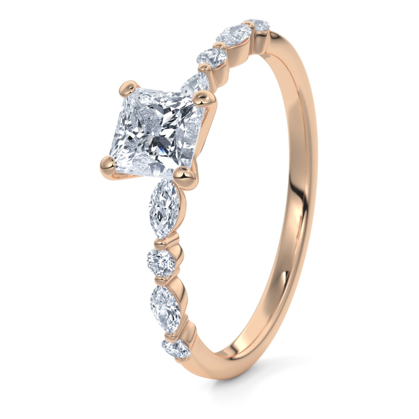 Engagement Ring 9ct Rose Gold - 0.54ct Diamonds - Model N°3018 Princess, Side-Stone