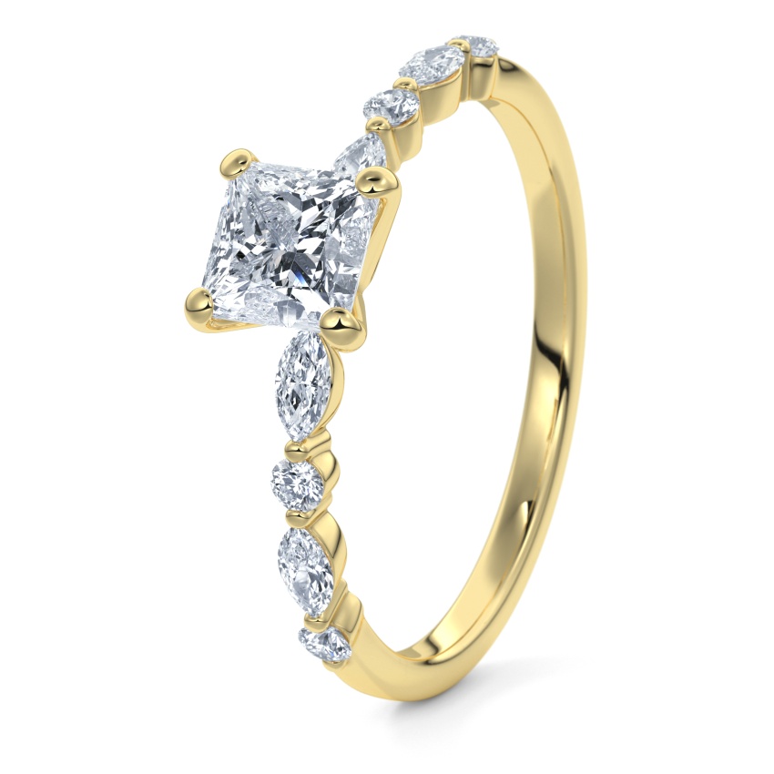 Anillo de compromiso Oro amarillo 8kt - 0.64 kt Diamantes - Modelo N°3018 Princesa, Piedra lateral