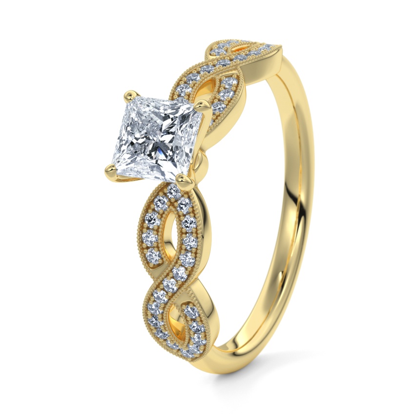 Pierścionek zaręczynowy Żółte złoto 750 - 0.51 ct diamentem - Model N°3020 Princess, Kamień boczny, Pavé