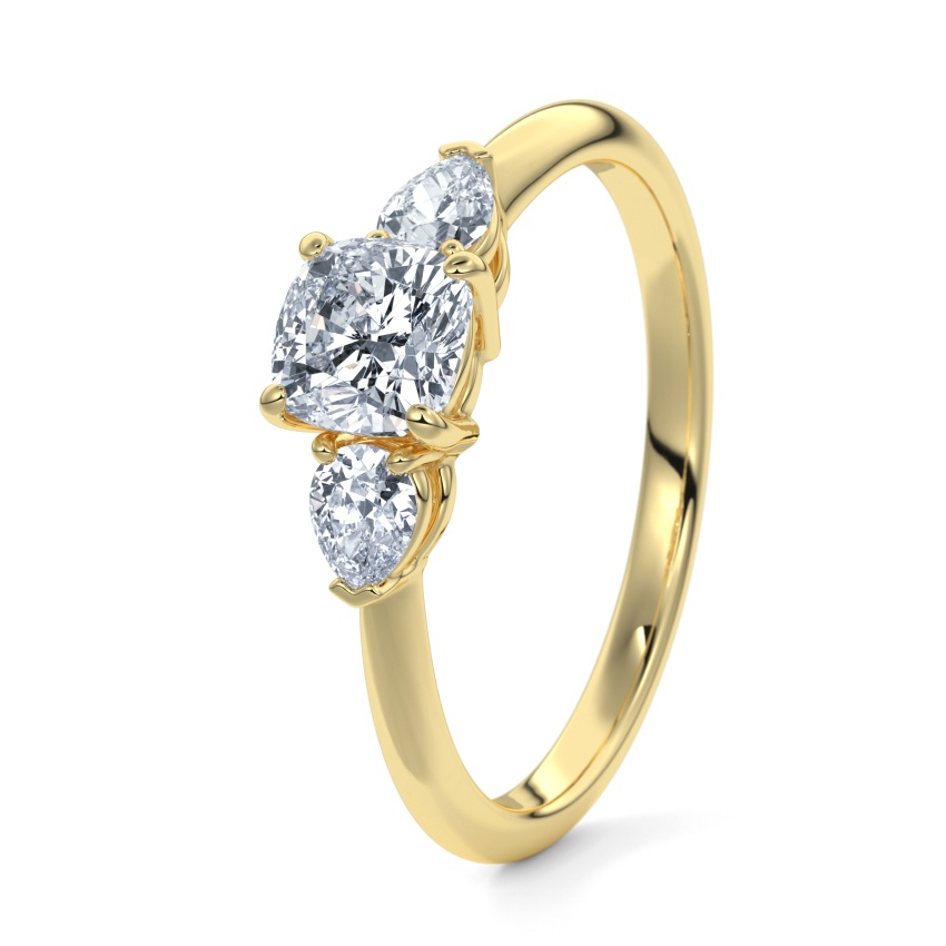 Pierścionek zaręczynowy Żółte złoto 585 - 0.74 ct diamentem - Model N°3304 Cushion, 3 kamienie