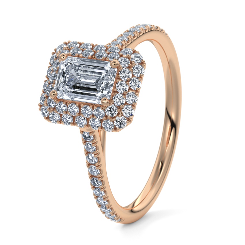 Verlovingsring Roodgoud 8 Karaat - 0.80 ct diamanten - Model N°3410 Emerald, Halo, Pavé
