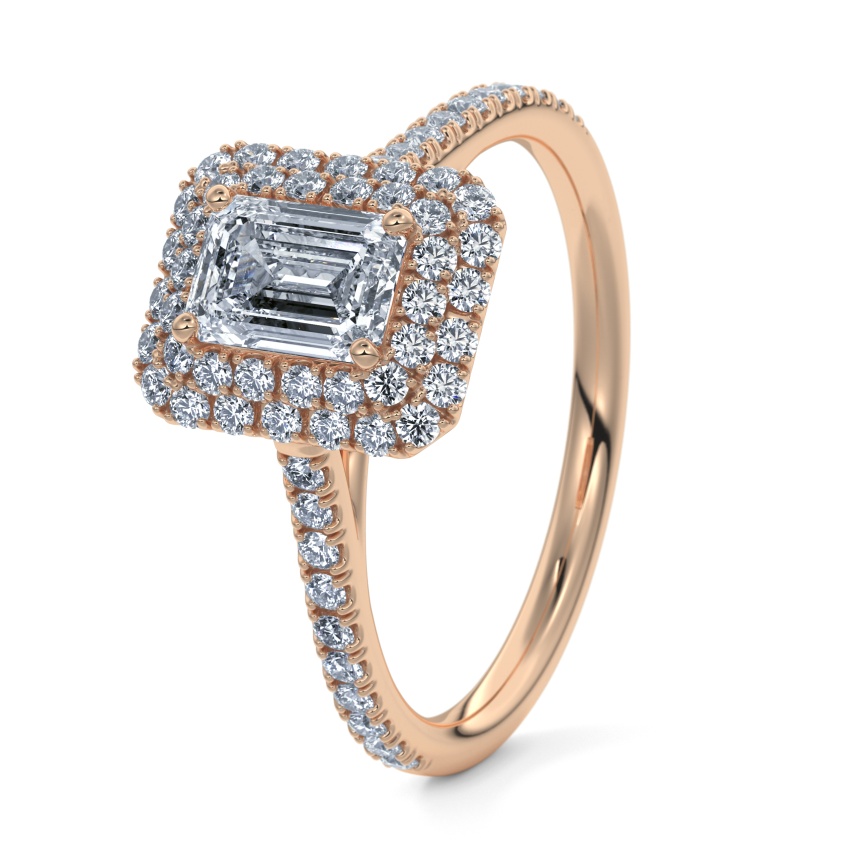 Verlovingsring Rosegoud 9 Karaat - 0.80 ct diamanten - Model N°3410 Emerald, Halo, Pavé