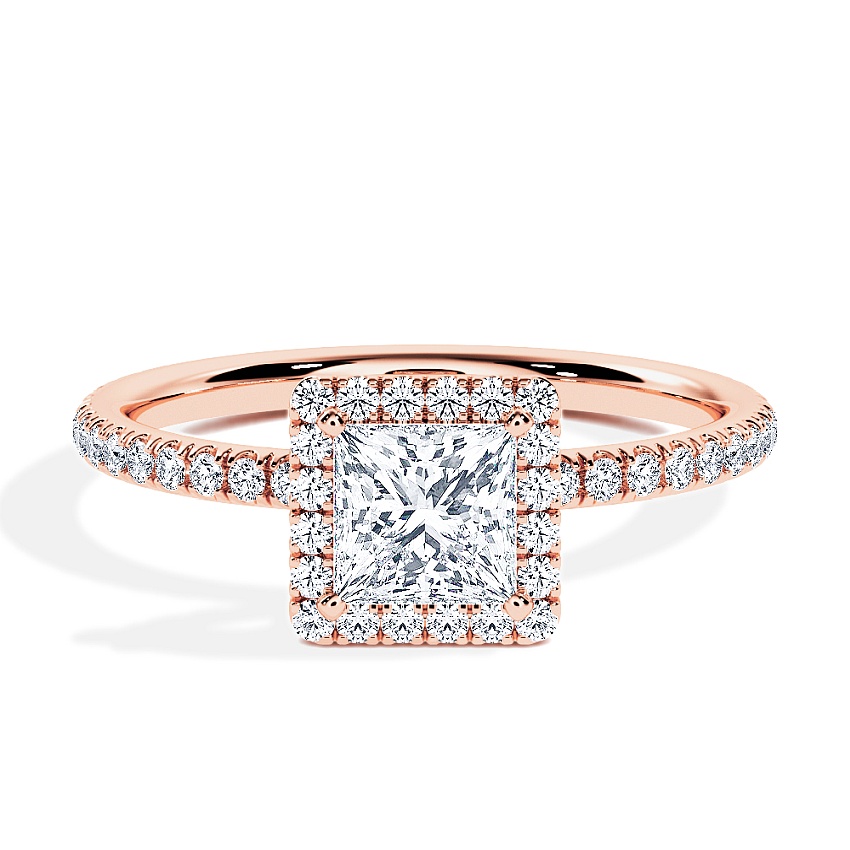 Verlobungsring Rotgold - 0.78 ct. Prinzess - Modell N°3411, Halo, Pavé Verlobungsring Rotgold - 0.78 ct. Prinzess - Modell N°3411, Halo, Pavé